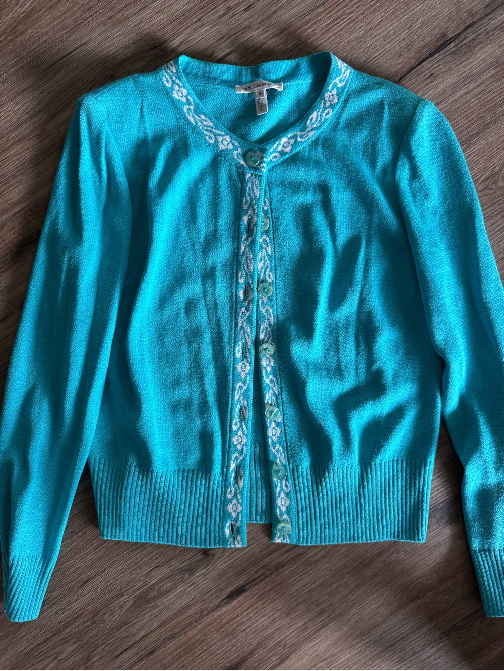 St John Knit Button Down Cardigan Blue Turquoise Long Sleeve Size Small Good